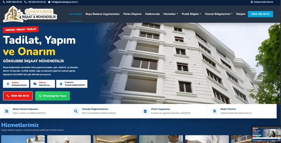 Gökkubbe İnşaat Mühendislik masaüstü ana sayfa görünümü